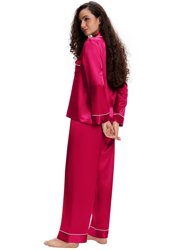 Lonxu Womens Silk Satin Pajamas Set Sleepwear Loungewear Red M - Image 3